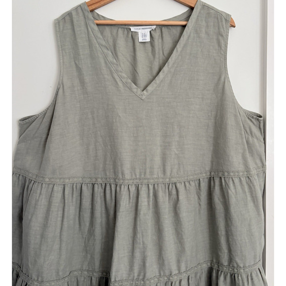 LUCKY BRAND Linen Tiered Sleeveless Mini Tunic Dress Sage Green Crochet Boho 2X - Picture 6 of 7